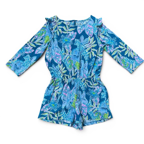 Lilly Pulitzer Other - Lilly Pulitzer Girl's Blue Floral Romper Size Large (8-10) Pockets Like New!